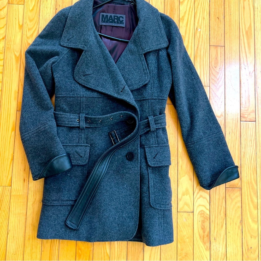 Wool coat with leather trim
